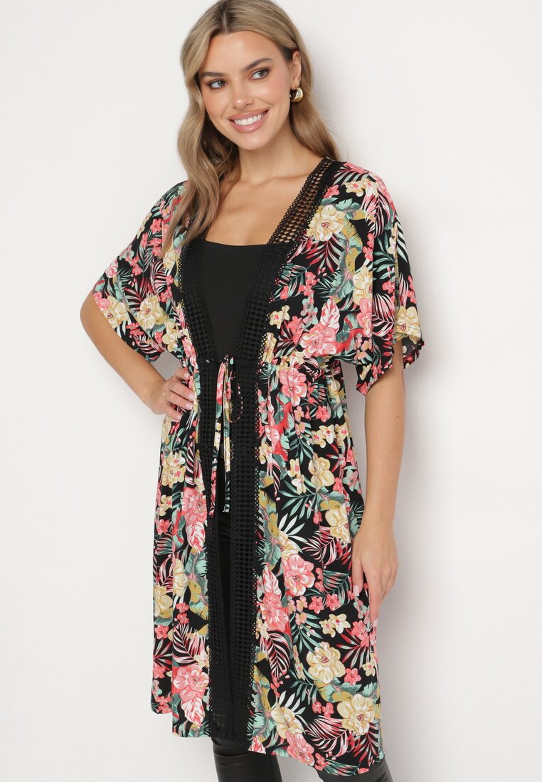 Rochie Neagră tip halat florală cu cordon în talie Enaliah