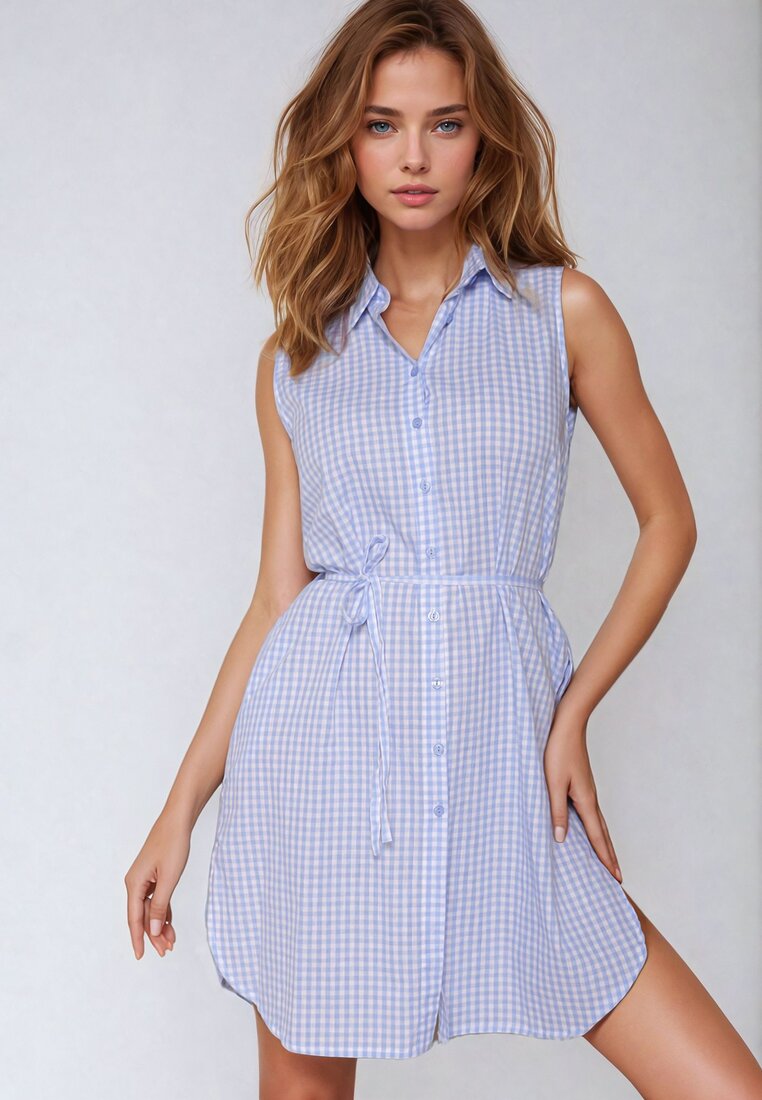 Rochie Cămașă Albastră în carouri din viscoză cu cordon în talie Rivanas