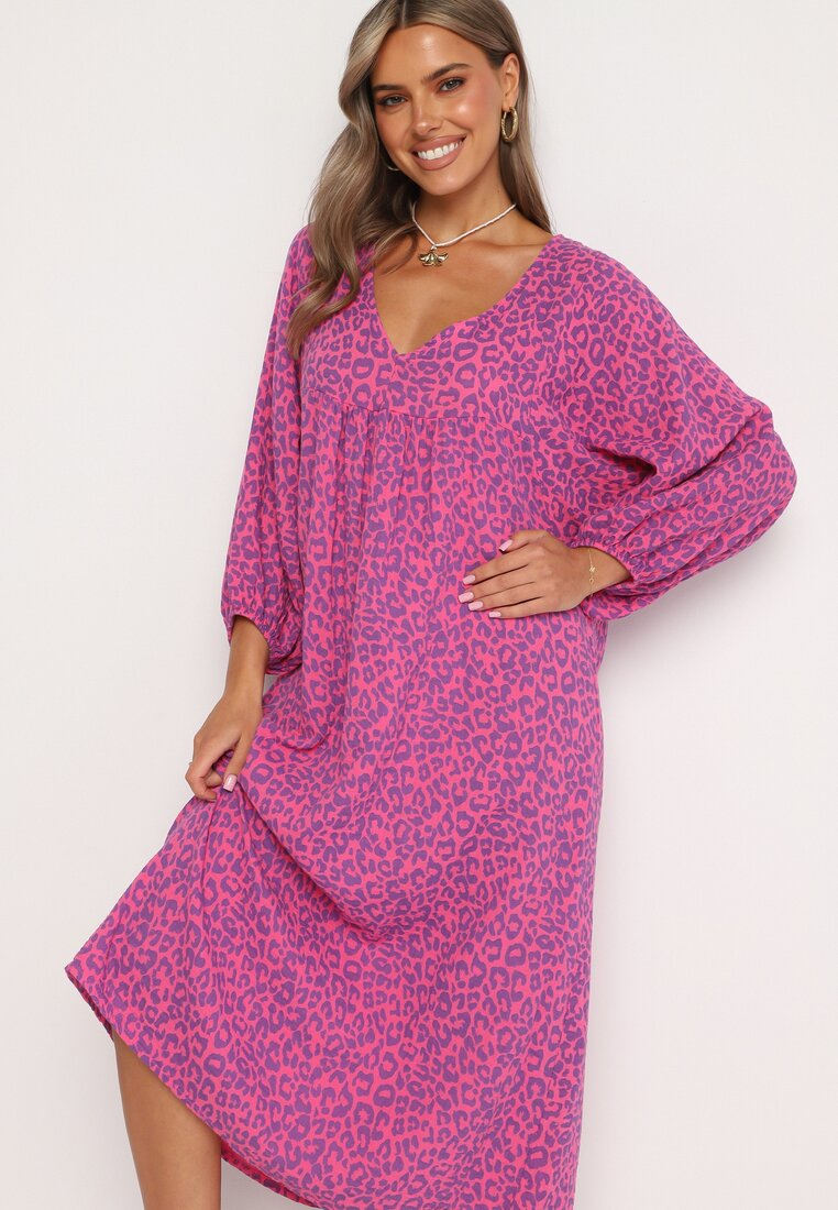 Rochie Trapez Fucsia din bumbac cu mânecă decorativă finisată cu elastic Uesivia