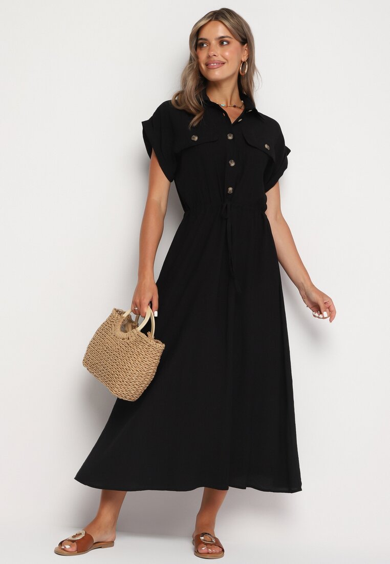 Rochie Evazată Din viscoză Neagră Cu elastic în talie Ornată cu nasturi Lemvia