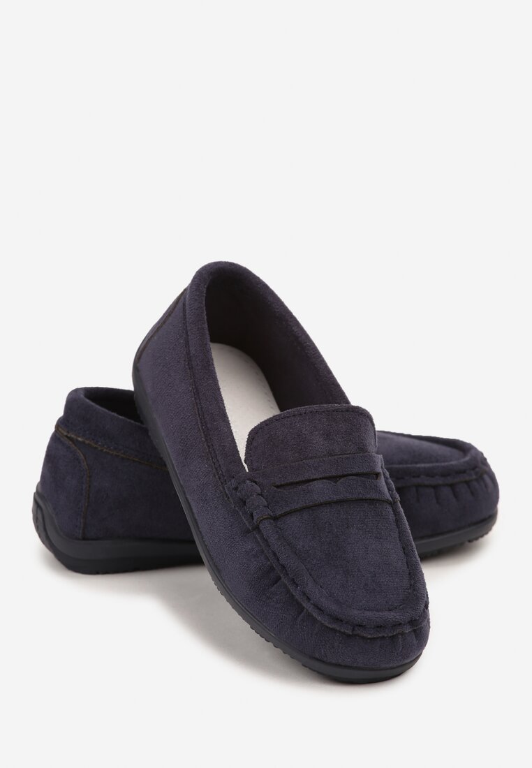 Pantofi Mocasini Bleumarin Plati cu cusătură decorativă și branț din piele Rirvia