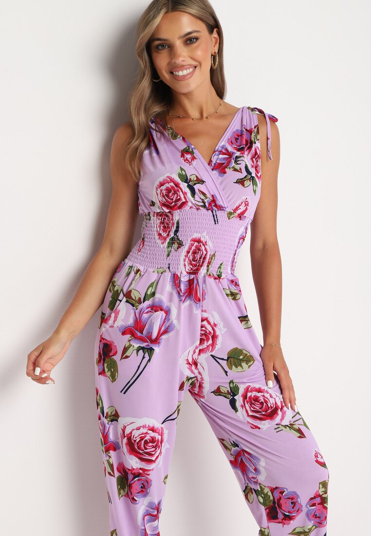 Salopetă Violet Cambrată cu Imprimeu Floral cu Pantaloni Lungi Renivia