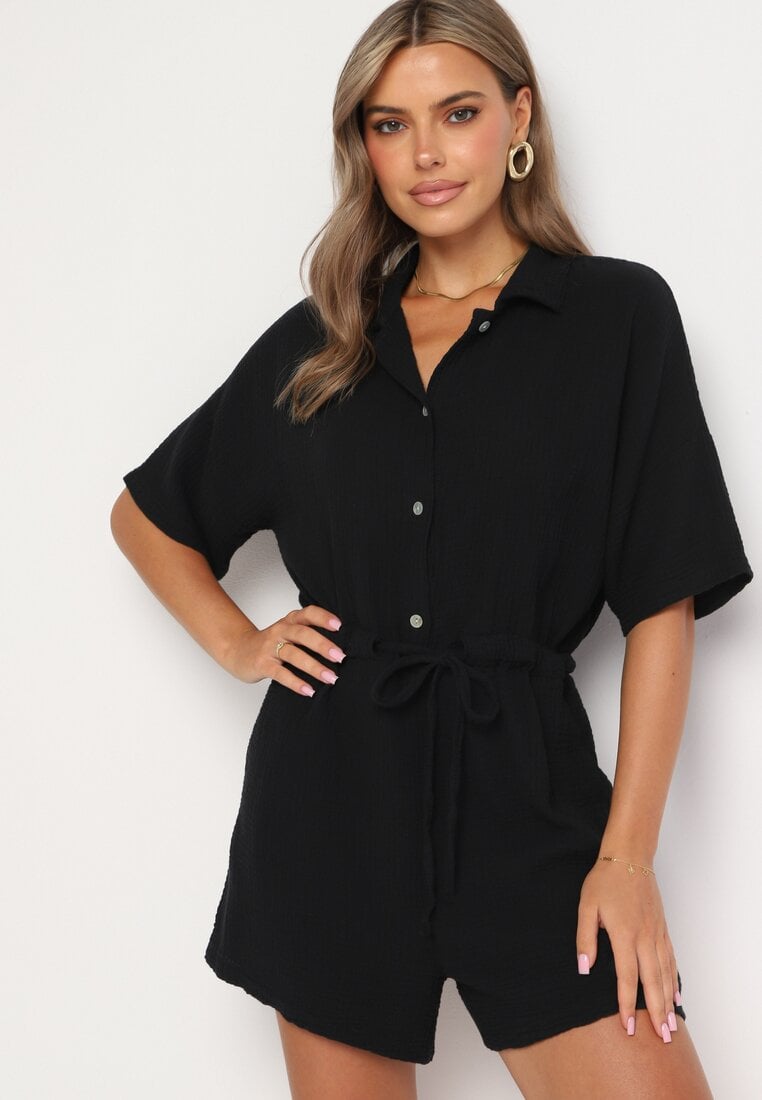 Salopetă Negru din Muselină de Bumbac cu Cordon în Talie cu Nasturi Dlirena