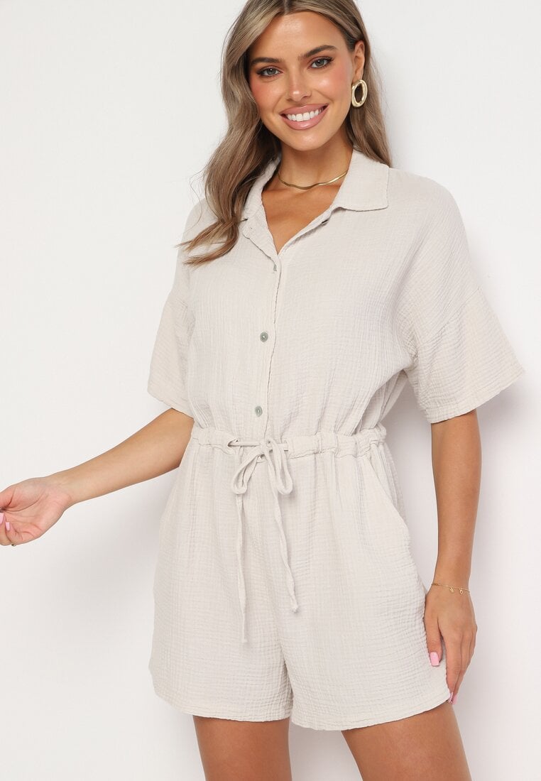 Salopetă Bej de Muselină din Bumbac cu cordon în talie și nasturi Dlirena