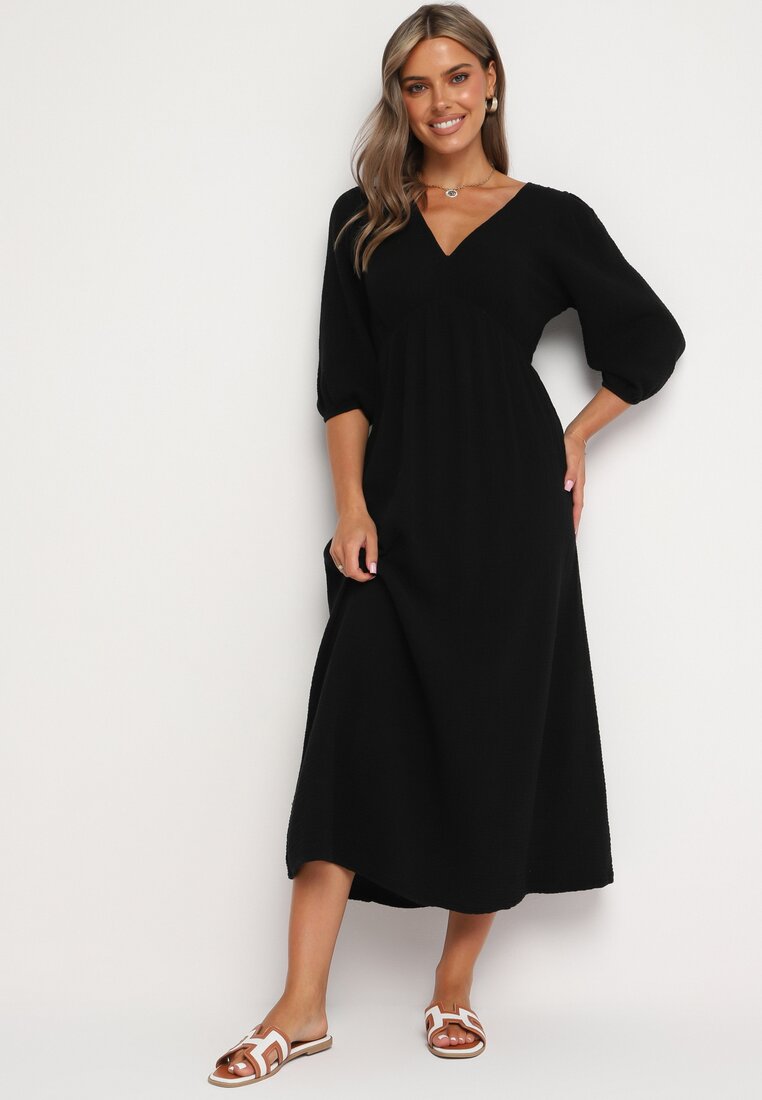 Rochie Cloș Neagră din Bumbac Boho cu Legătură și Elastic în Talie Lawla