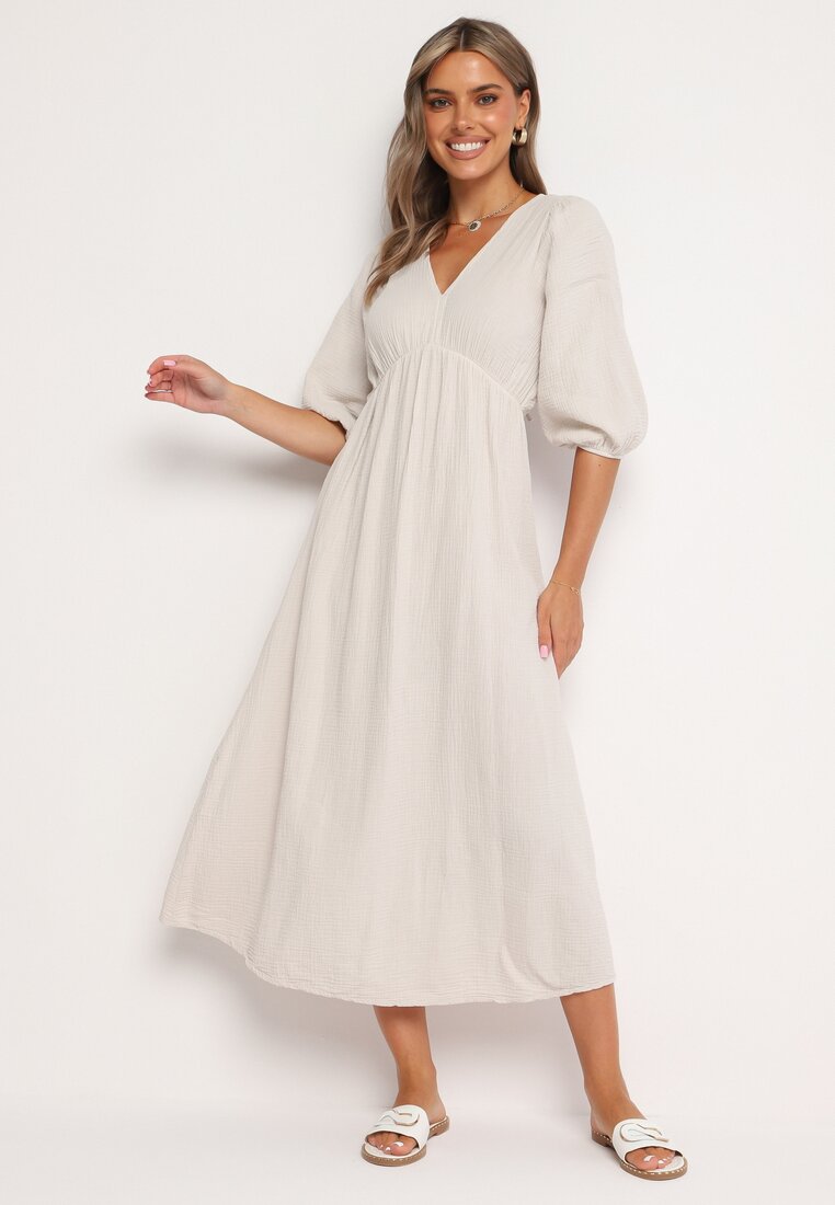 Rochie Bej Evazată Din bumbac Boho cu cordon și elastic în talie Lawla