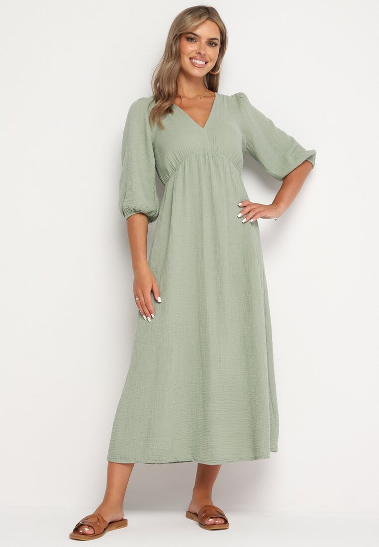 Rochie evazată din bumbac Boho Verde închis cu legătură și elastic în talie Lawla