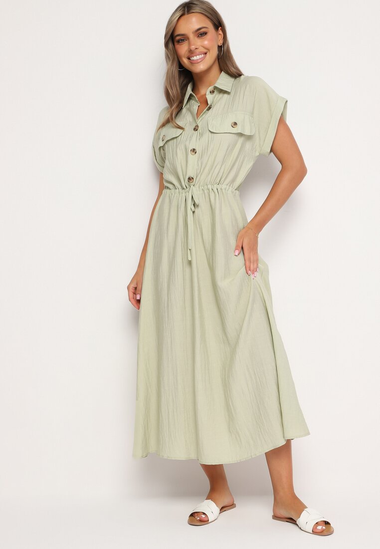 Rochie verde deschis din viscoză cloș cu elastic în talie decorată cu nasturi Lemvia