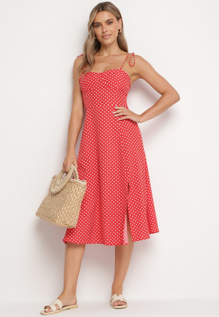 Rochie roșie Midi cu buline pe bretele Ionttis