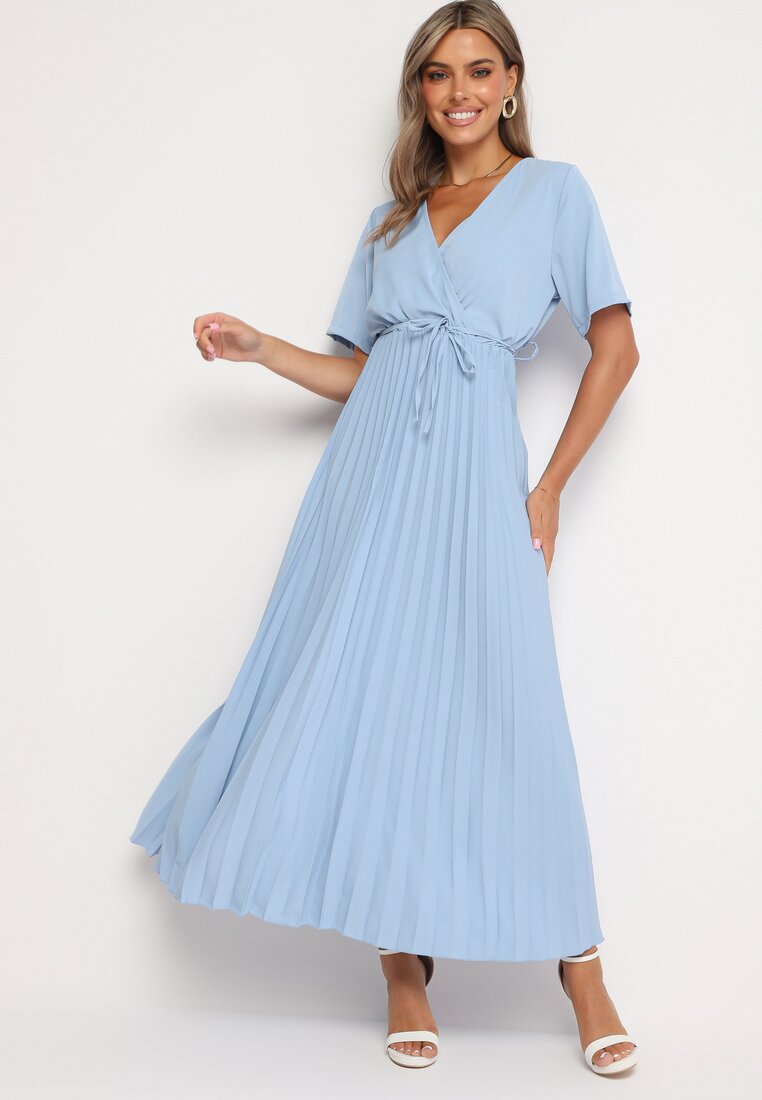 Rochie Albastră Plisată Maxi cu Cordon Legat Dianiza