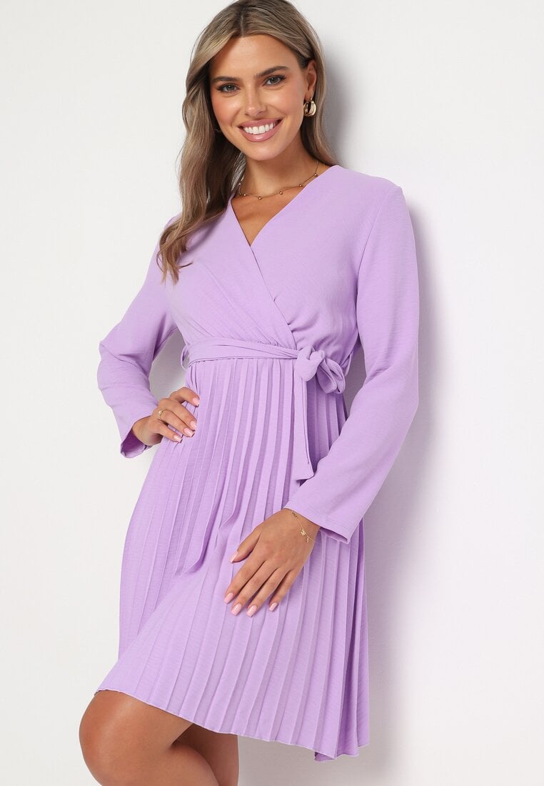 Rochie Lila deschis Plisată cu Decolteu petrecut și Curea Minesia