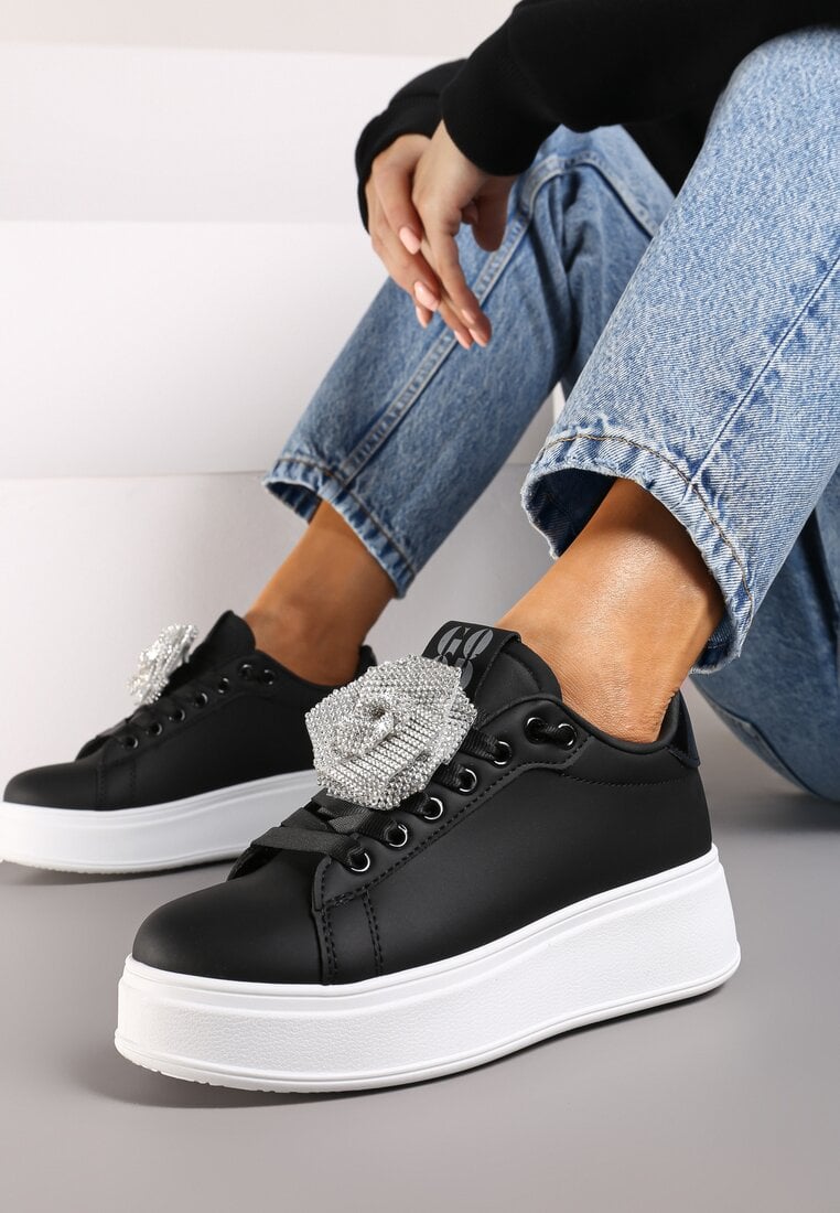 Sneakers Negru-Argintii cu Talpă Groasă cu Floare Detașabilă cu Zirconiu Navisia