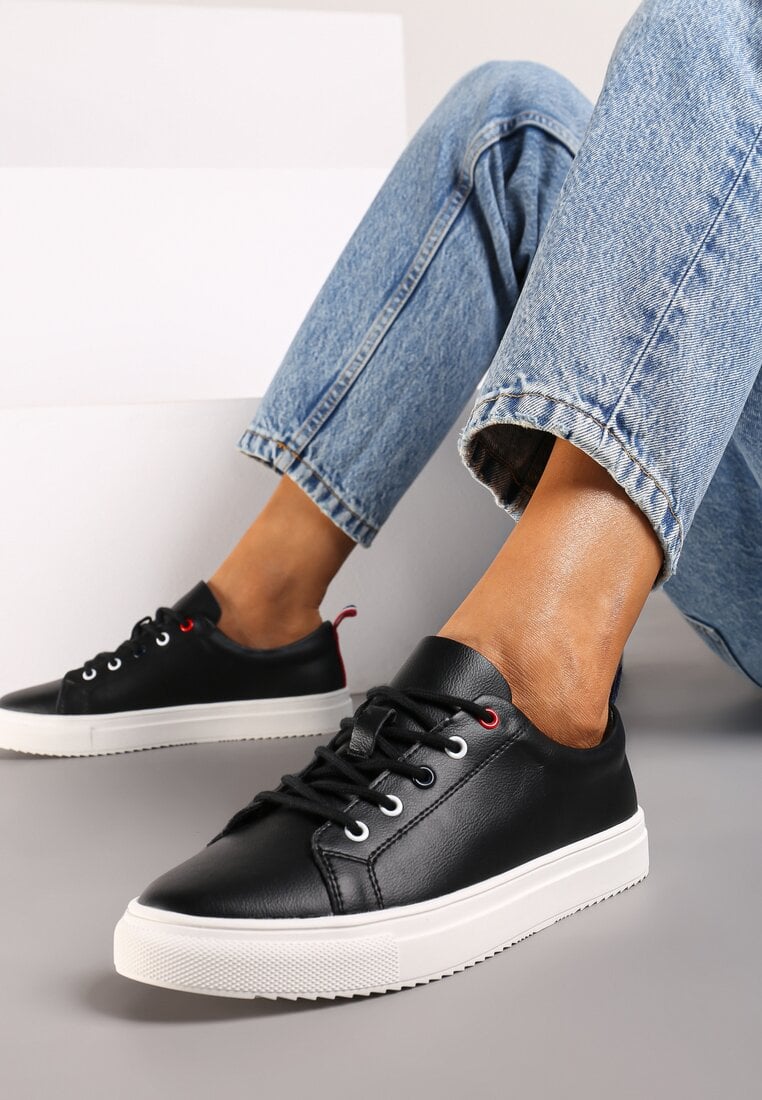 Adidași Negri Din Piele Cu Șireturi Cu Talpă Plată Miloria