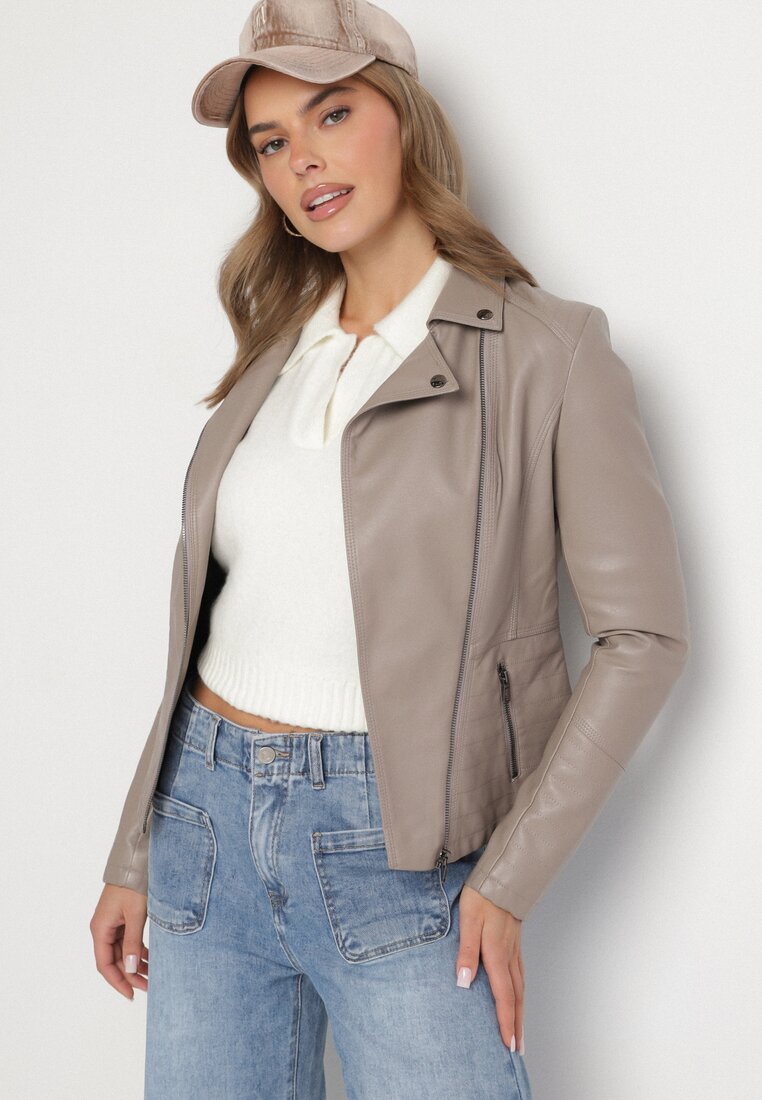 Geacă Ramones Bej închis cu capse și fermoar asimetric Mevilina