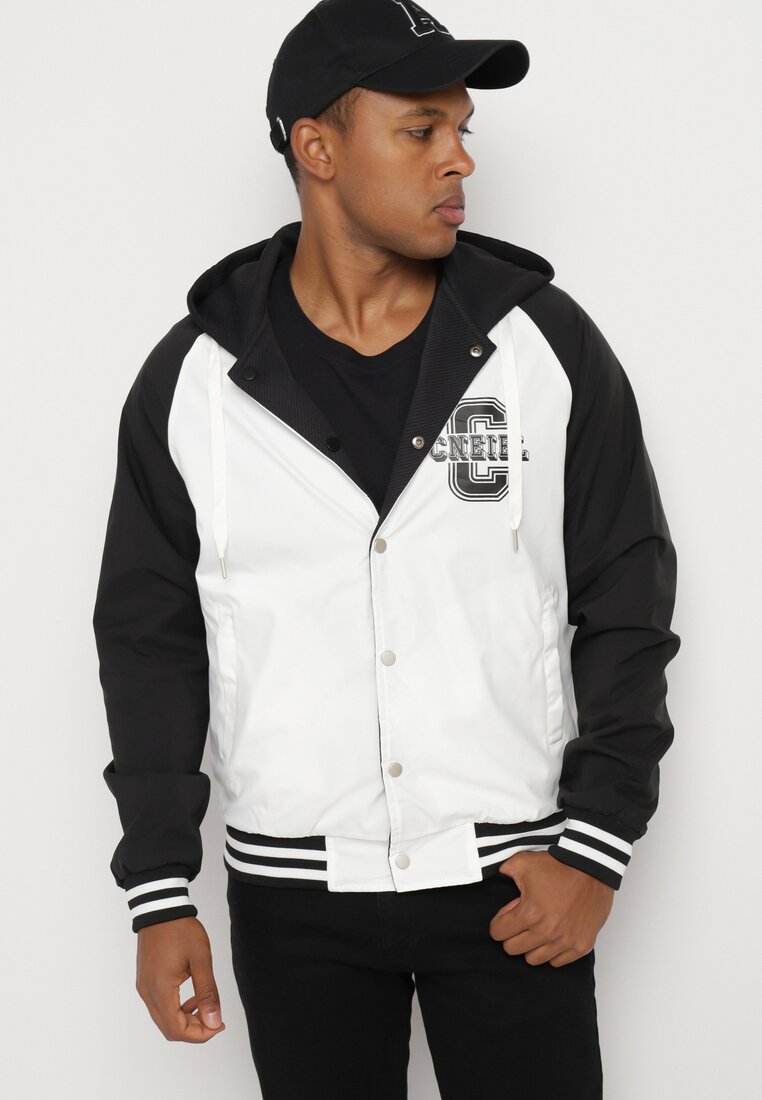 Jachetă Bomber Reversibilă Alb-Neagră cu Glugă Decorată cu Dungi și Inscripții Mevalora