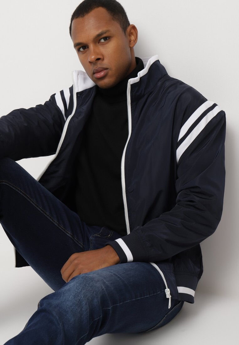 Geacă Bomber Bleu-marin cu elastic în talie Decorată cu dungi Nevetas