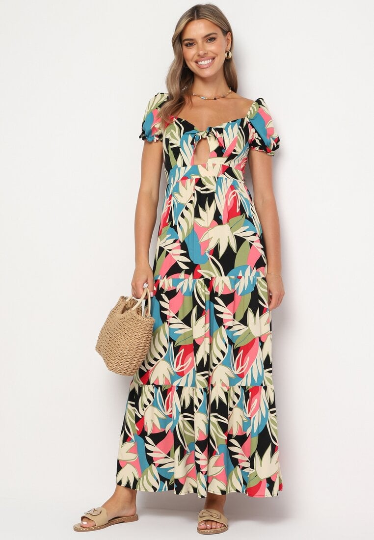 Rochie Vâscoză Bej-Neagră cu imprimeu floral cu legătură la decolteu și volan Meviera