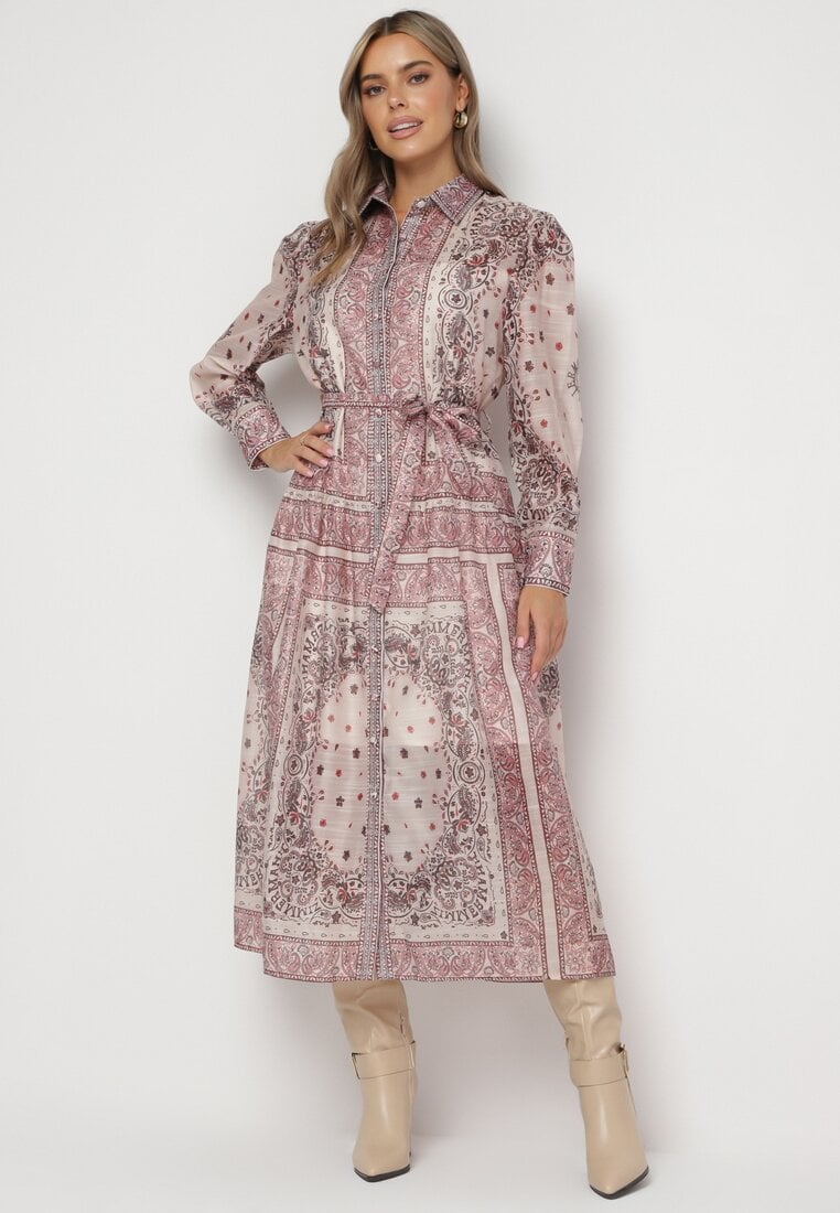 Rochie bej evazată stil cămașă cu adaos de bumbac și curea Merilisse