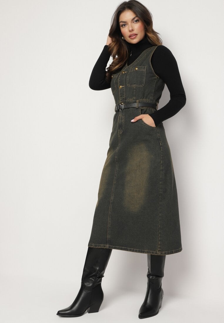 Rochie Bleumarin din Denim cu Șlit cu Fermoar cu Centură din Piele Ecologică Ricicella