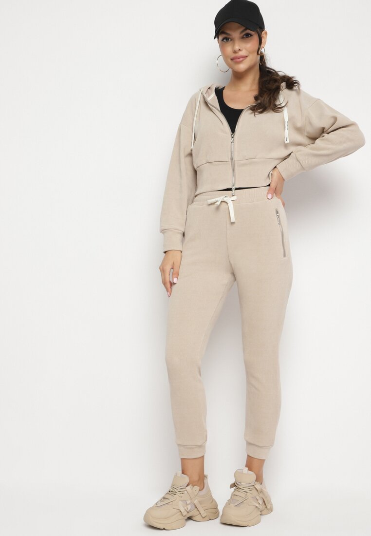 Set de trening Bej închis din bumbac Bluză cu glugă și Pantaloni cu elastic în talie Neseria
