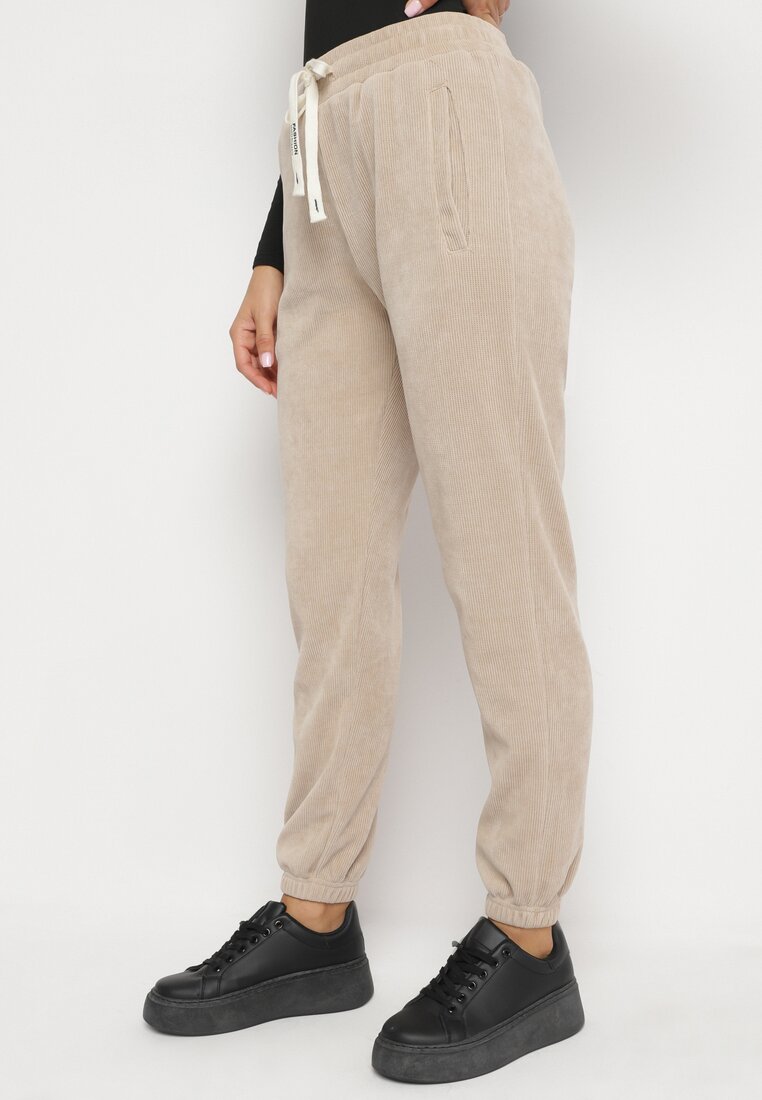 Pantaloni de trening Bej închis cu adaos de bumbac cu talie înaltă și bandă elastică în talie Xesaria