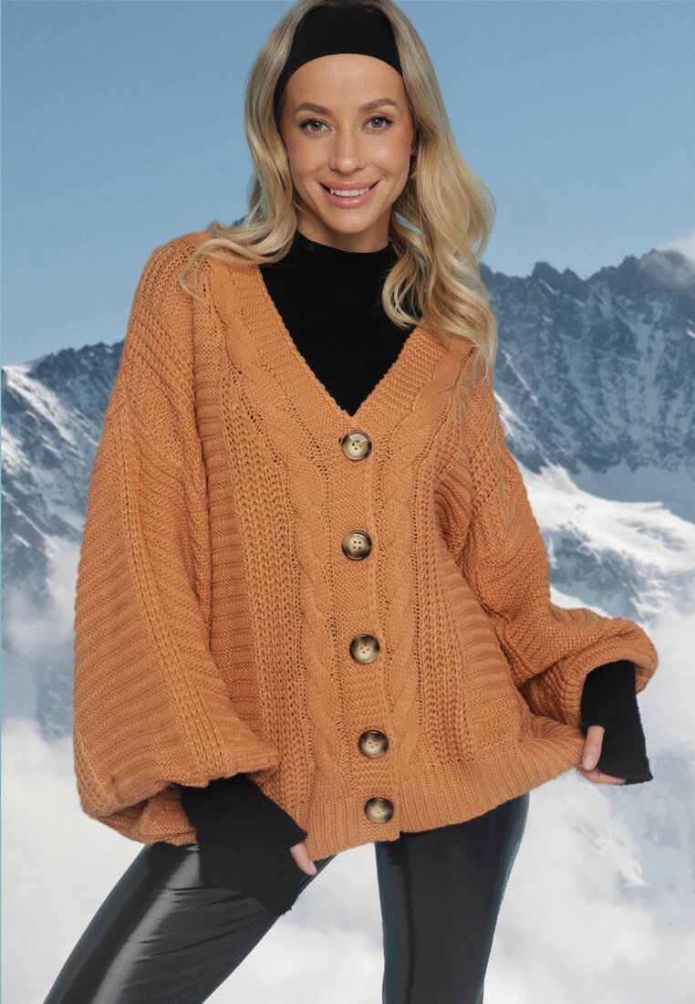 Cardigan Bej închis cu nasturi cu viscoză și împletitură decorativă Fizira