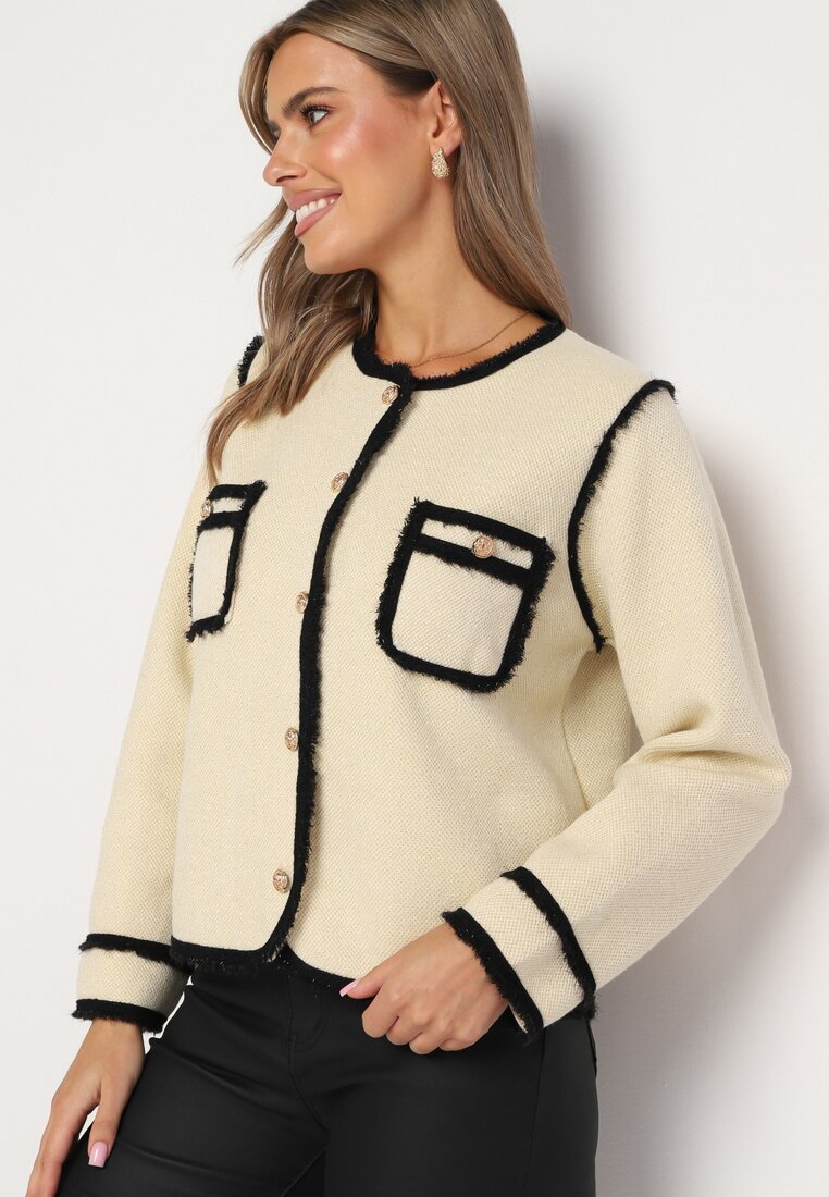 Cardigan Elegant Bej deschis cu nasturi Decorat cu paspoal și nituri Irilanea