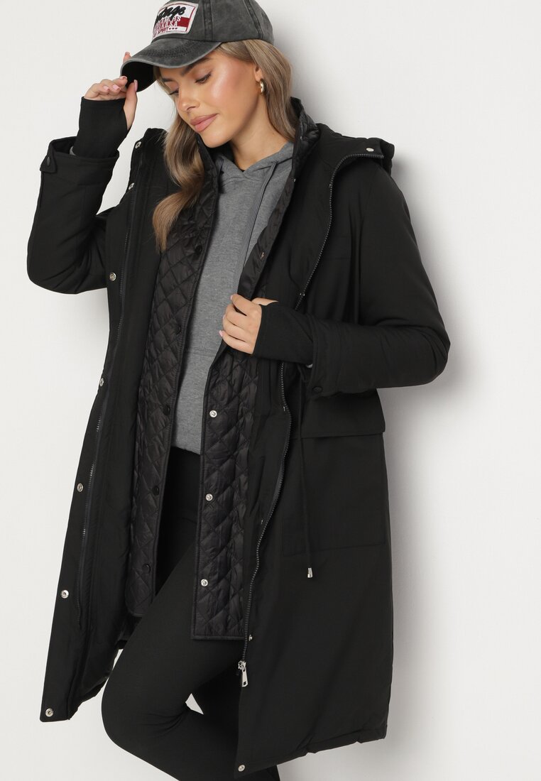 Geacă Neagră Lungă cu Glugă și Șnur în Talie Tarlinia