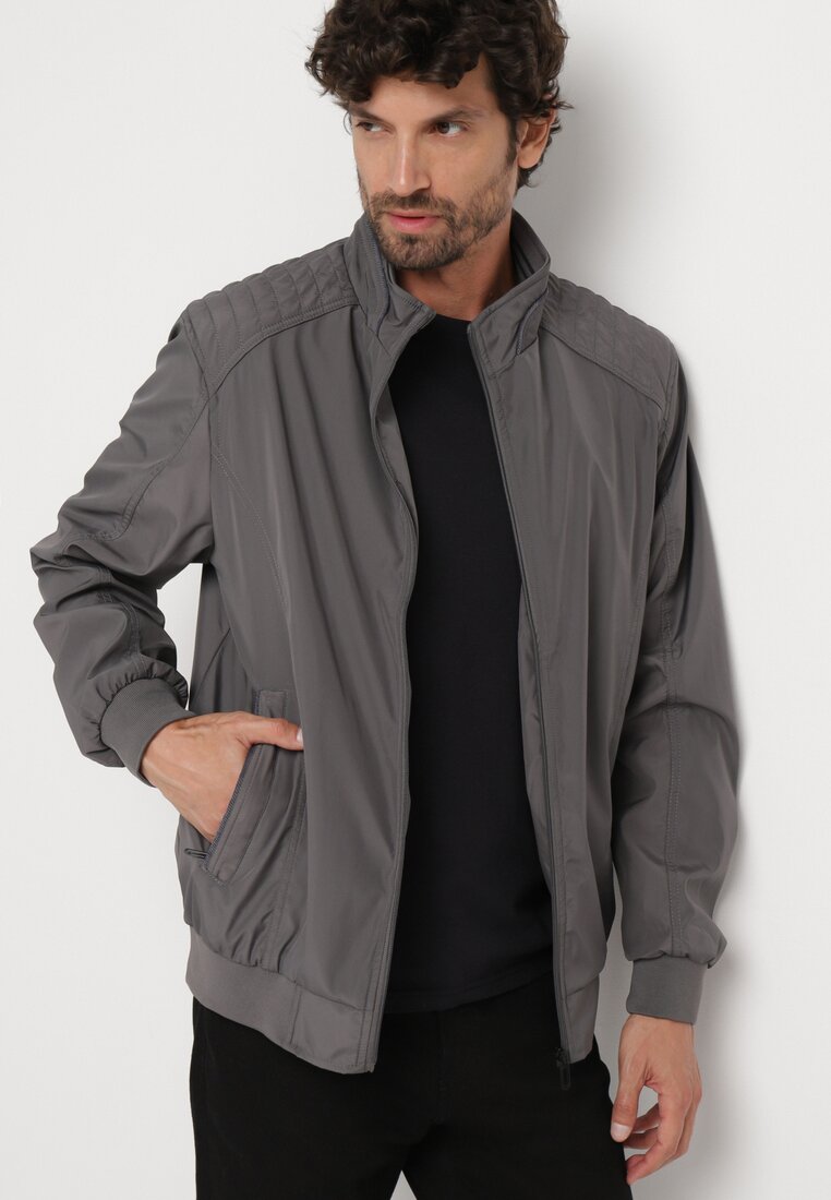 Geacă Gri Decorată Cu Cusături Pe Umeri Cu Buzunare Cu Fermoar Hanithra