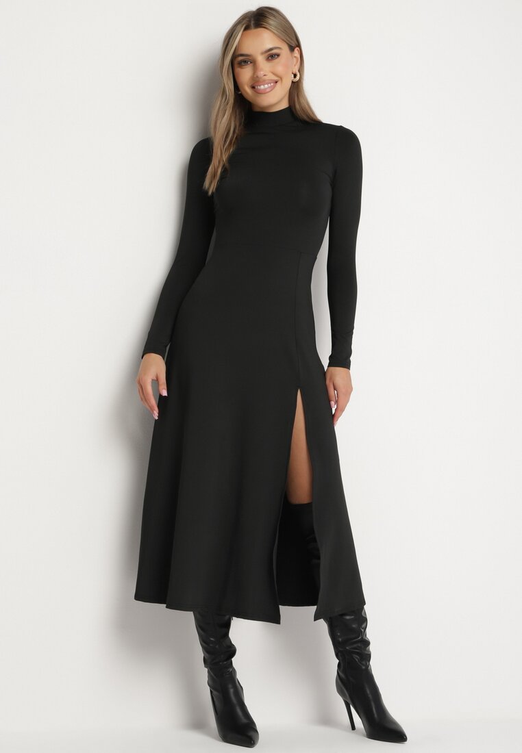 Rochie Neagră cu Semi-guler Cambrată cu Slit lateral Sailea