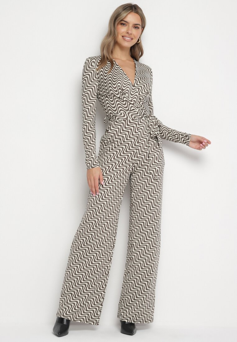 Salopetă Gri închis din Viscoză cu Model Abstract cu Cordon Legat Nailaura