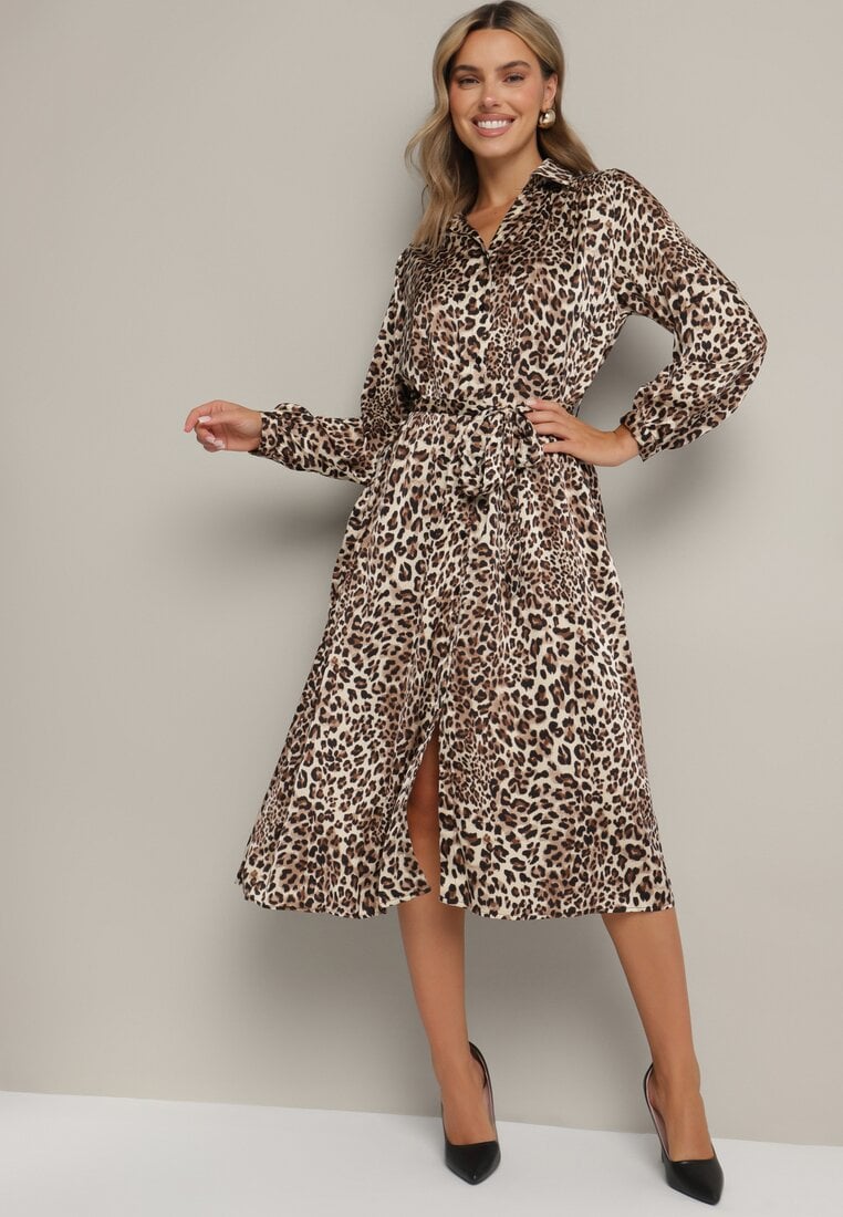 Rochie Maro din Vâscoză cu croială tip cămașă cu cordon cu imprimeu panteră Raivenne