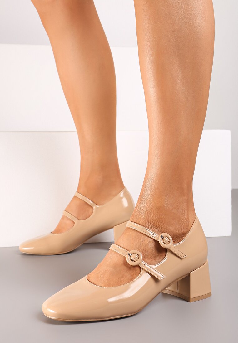 Pantofi cu toc Lăcuiți Bej cu toc gros în stil Mary Jane Crezia