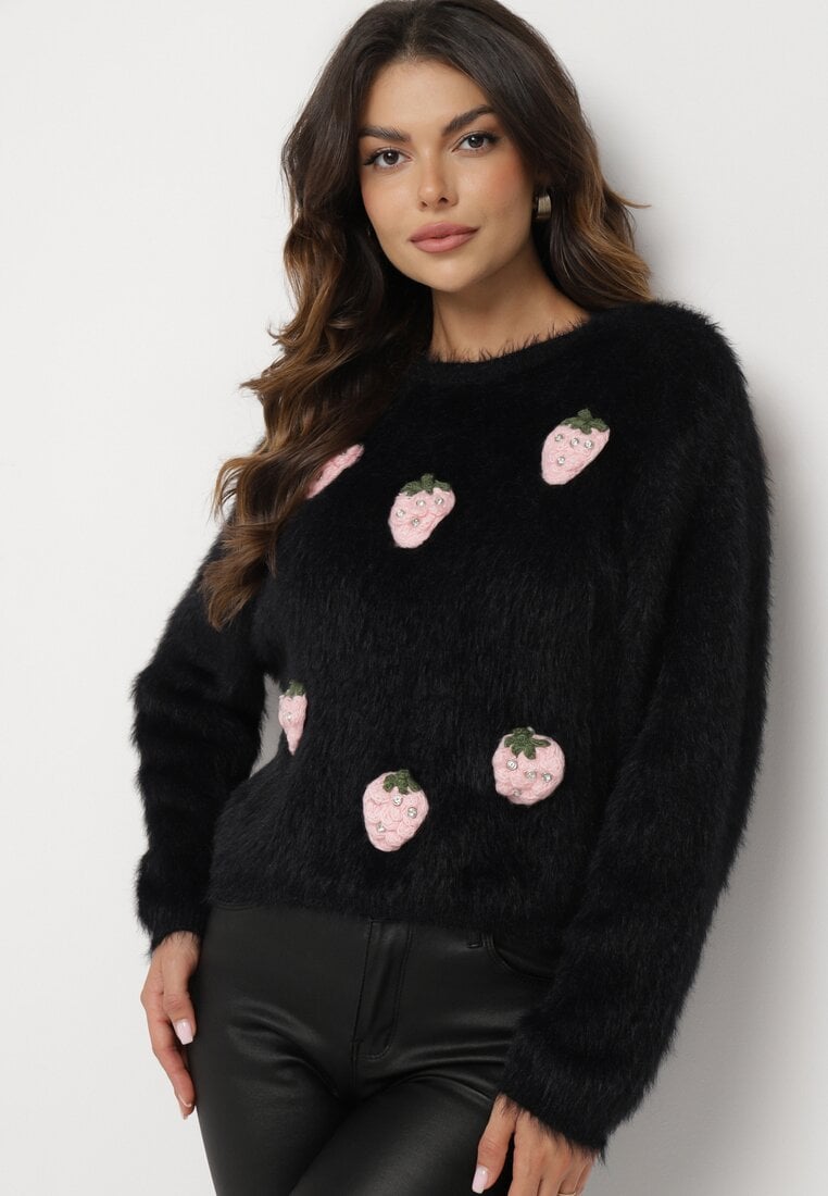 Pulover negru pufoș cu lână și aplicații căpșuni 3D Leraisa