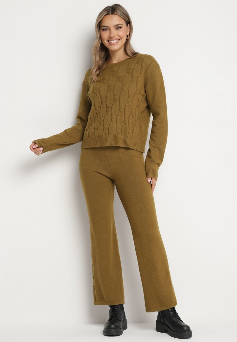 Set Tricotat Verde cu Lână cu Pulover cu model texturat și Pantaloni largi Naoraina