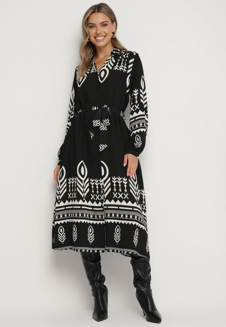 Rochie Cămașă Neagră cu Model Etnic cu Curea Avierira