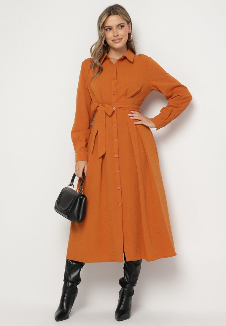 Rochie Cămașă Portocalie cu Croi Evazat și Centură Textilă Nerisela