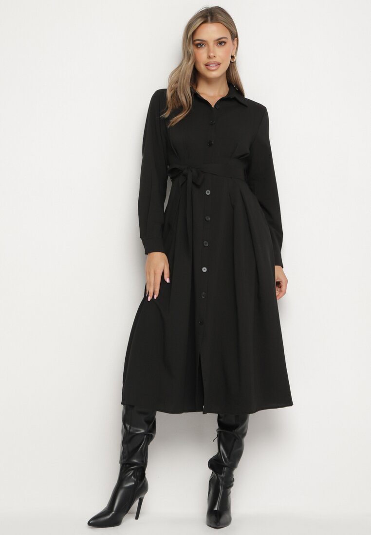 Rochie cămașă neagră cu fason evazat și curea din material Nerisela