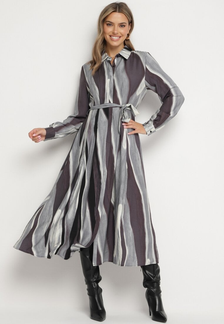 Rochie Gri cu Imprimeu Abstract cu Croi Lung Tip Cămașă cu Elastic și Curea în Talie Neriae