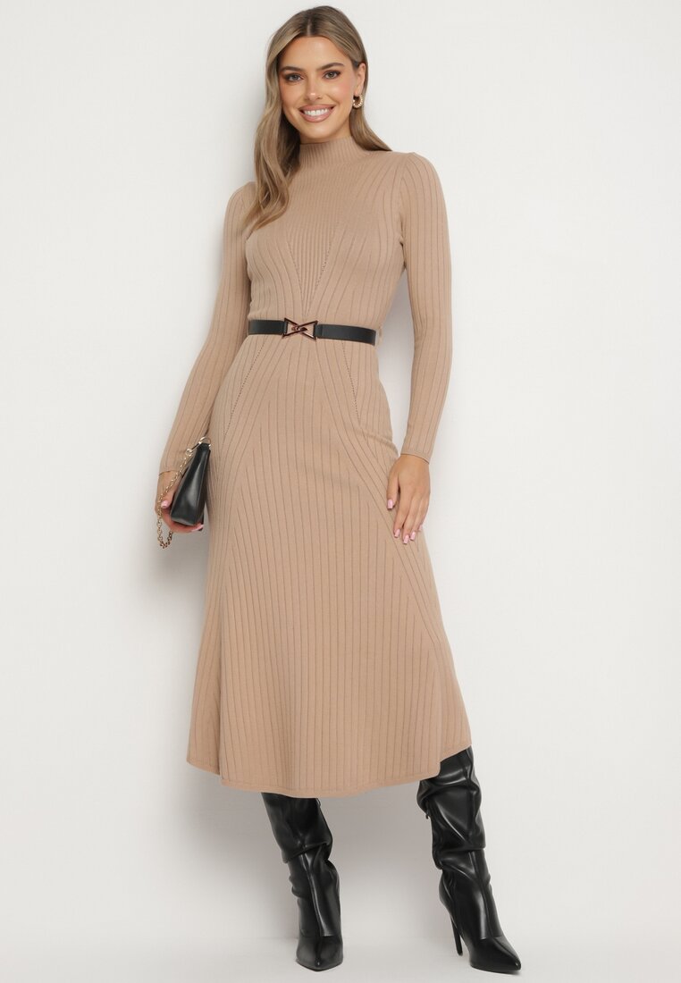 Rochie Bej Închis Tricotată cu Amestec de Lână și Curea Decorativă Nirisia