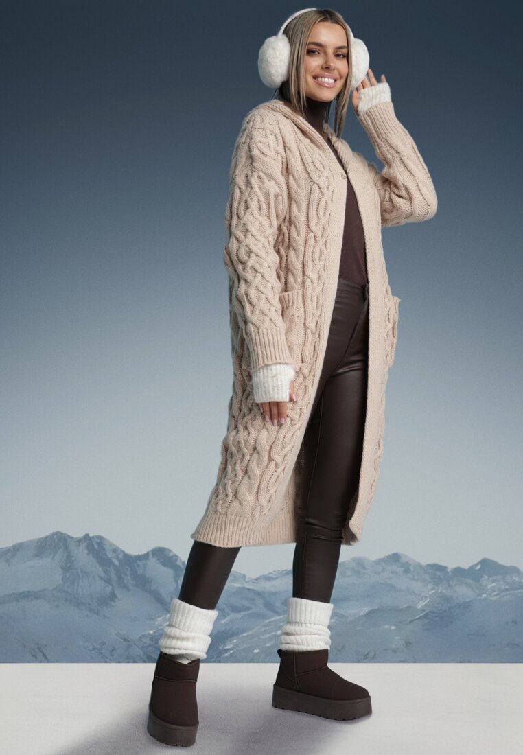 Cardigan bej tricotat cu amestec de lână cu glugă și buzunare Vaiessa