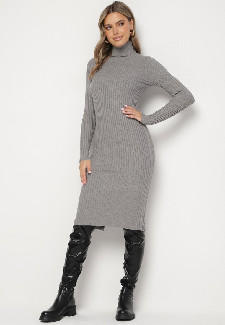 Rochie Gri Reiată cu croială ajustată și guler înalt Cașmir Bumbac și Lână Vaithessa