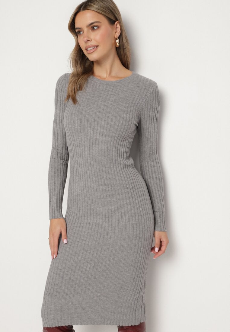 Rochie Gri tricotată mulată reiată cu lână și cașmir Daiantha