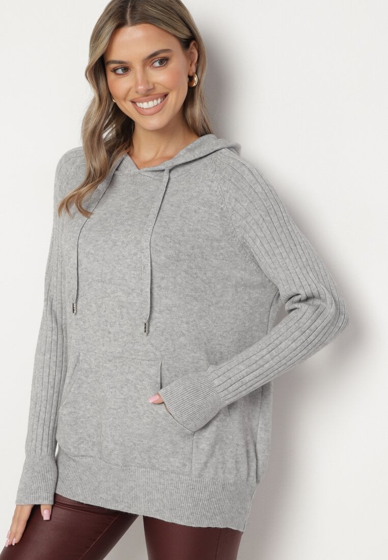 Pulover Cenușiu cu glugă și buzunar cu amestec de cașmir Neriele