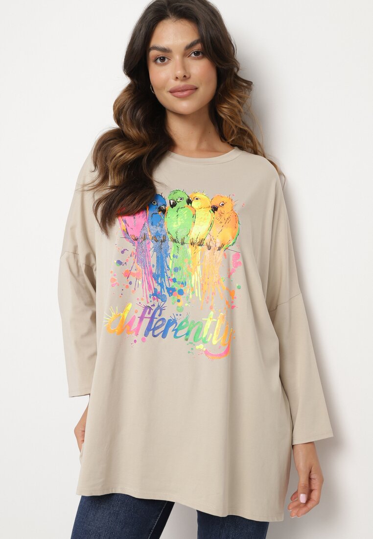 Bluză Bej Oversize din Bumbac cu Imprimeu Colorat și Sclipici Tailine