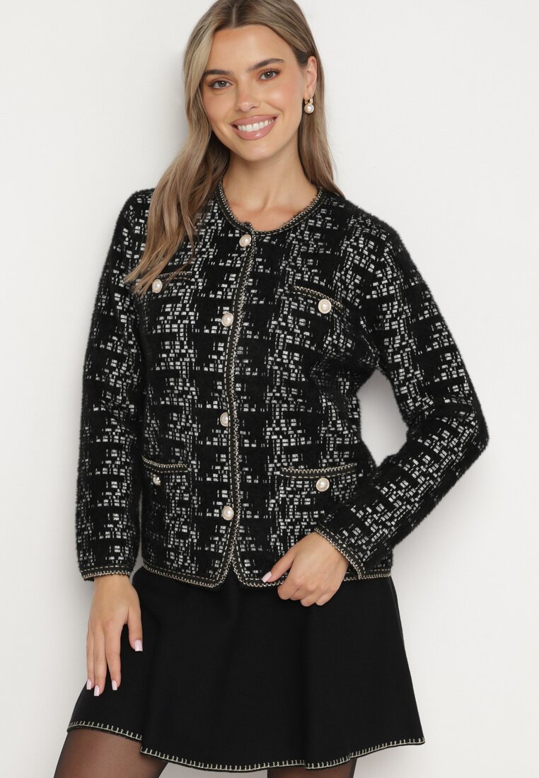 Cardigan negru în stil retro cu nasturi perlați și fir metalic Daiviana