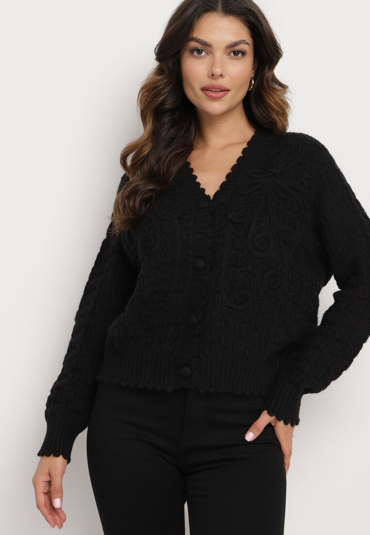 Cardigan Negru Oversize Încheiat cu nasturi cu broderie decorativă Kalabrine