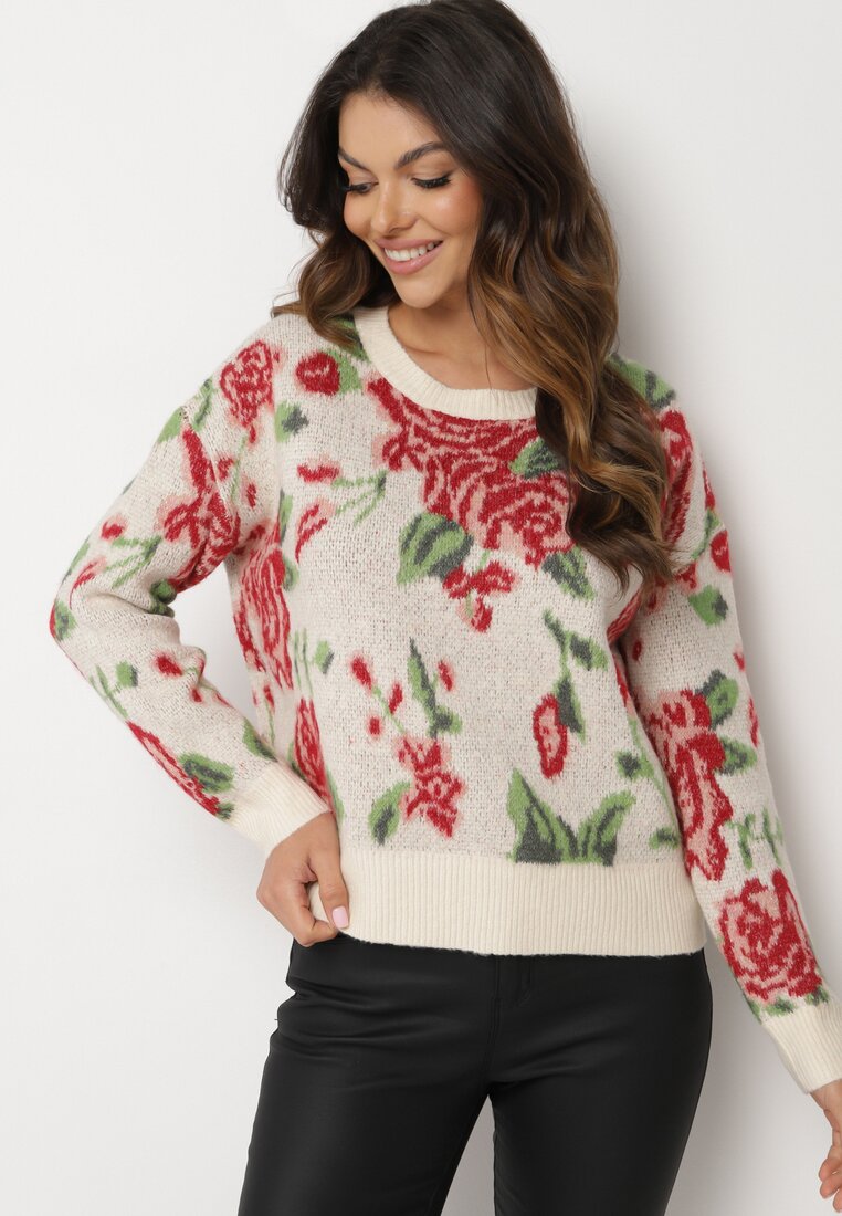 Pulover Clasic Bej deschis cu croi tip cutie cu model floral rustic cu fir metalic Savielle