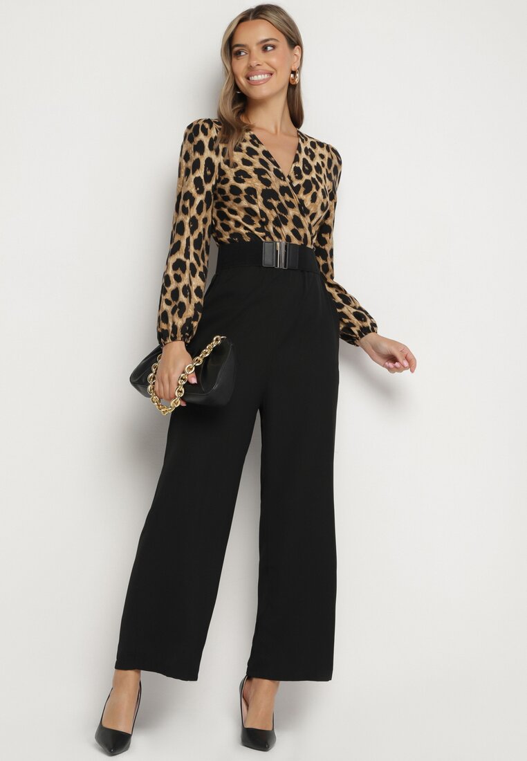 Salopetă Maro-Negru cu imprimeu leopard cu curea lată Vaison