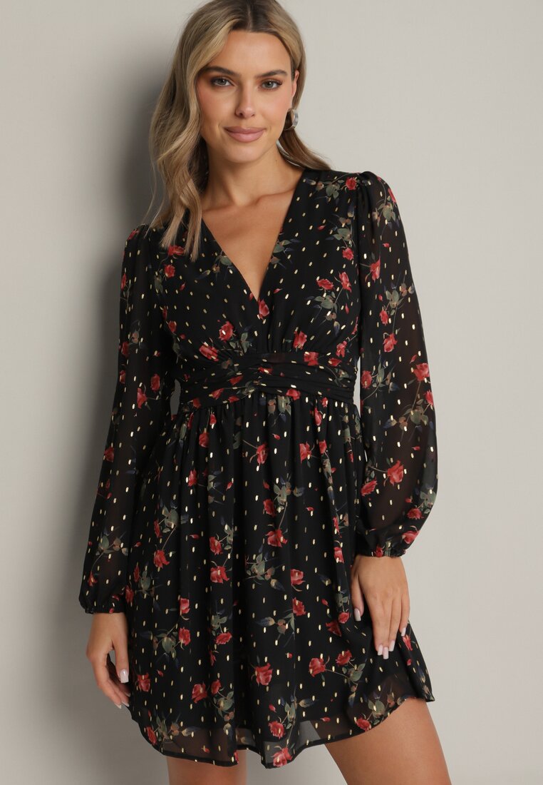 Rochie Cloș Neagră Cambrată Florală cu Mâneci cu Manșete elastice Everia